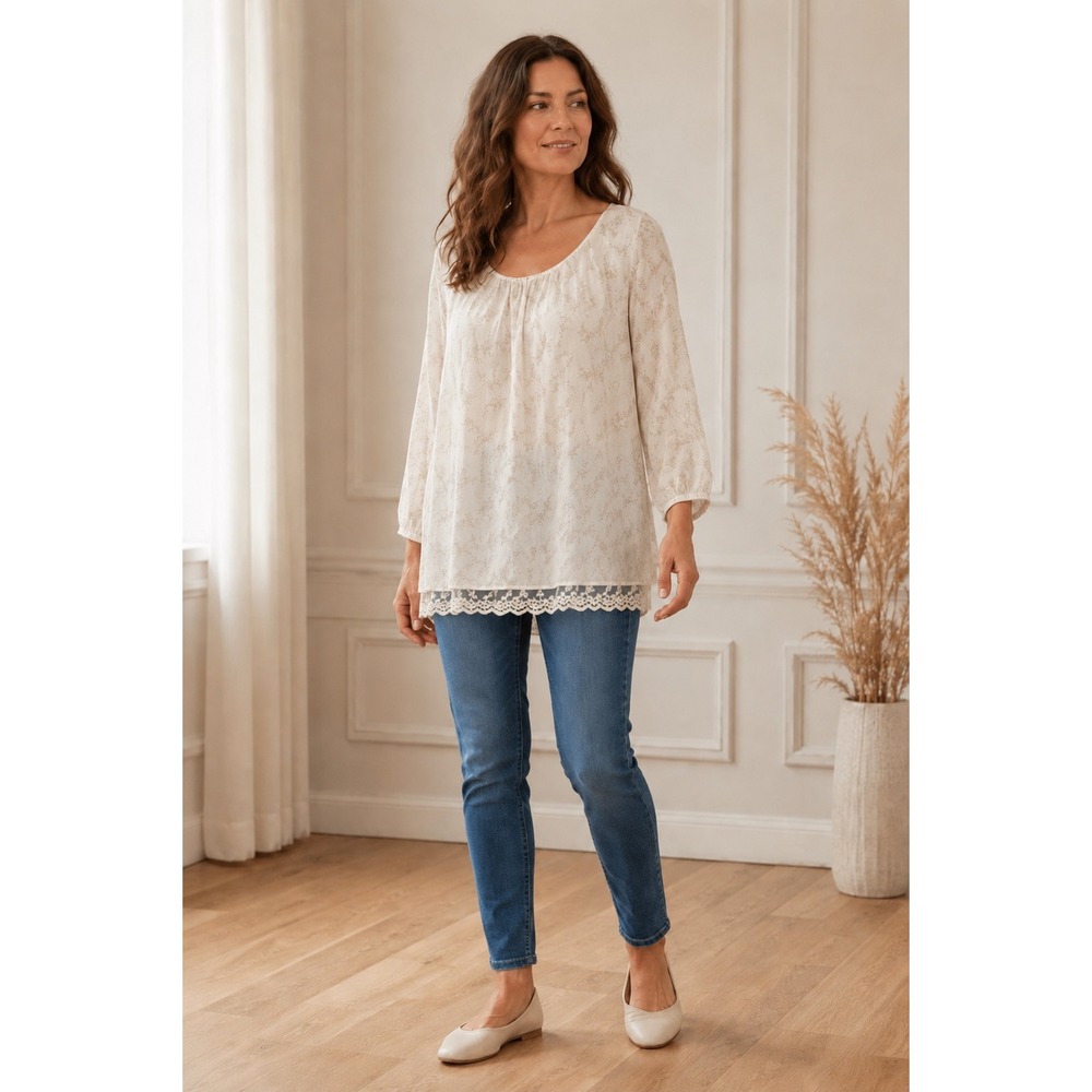 Giusy Italian Silk Ivory Floral Lace Trim Boho Tunic Top Large